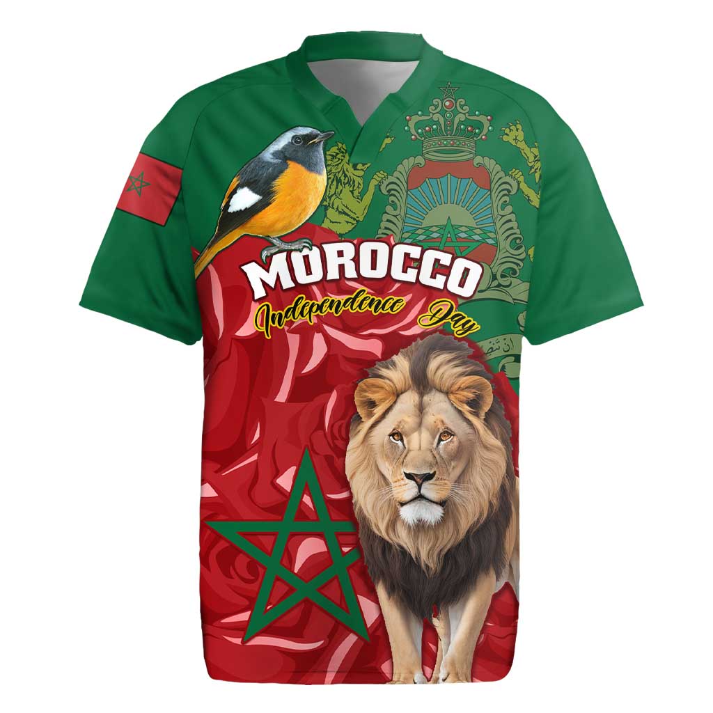 Morocco Independence Day Rugby Jersey with Barbary Lion and Moussier's Redstart