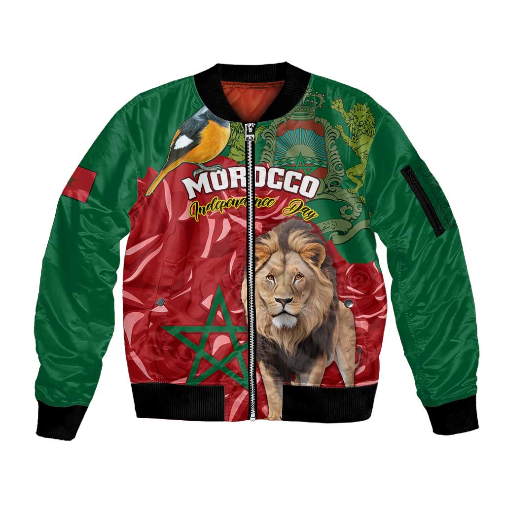 Morocco Independence Day Sleeve Zip Bomber Jacket with Barbary Lion and Moussier's Redstart