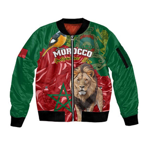 Morocco Independence Day Sleeve Zip Bomber Jacket with Barbary Lion and Moussier's Redstart