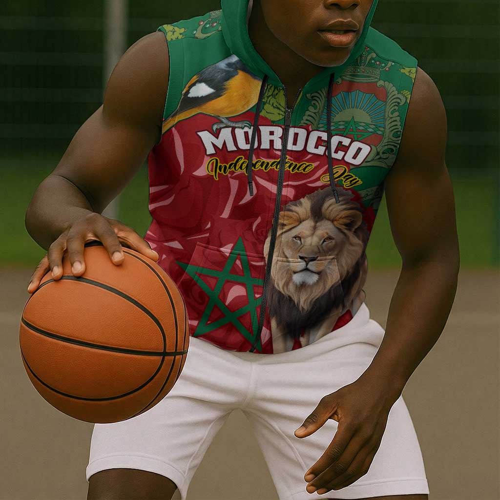 Morocco Independence Day Sleeveless Zip Hoodie with Barbary Lion and Moussier's Redstart - African Pride