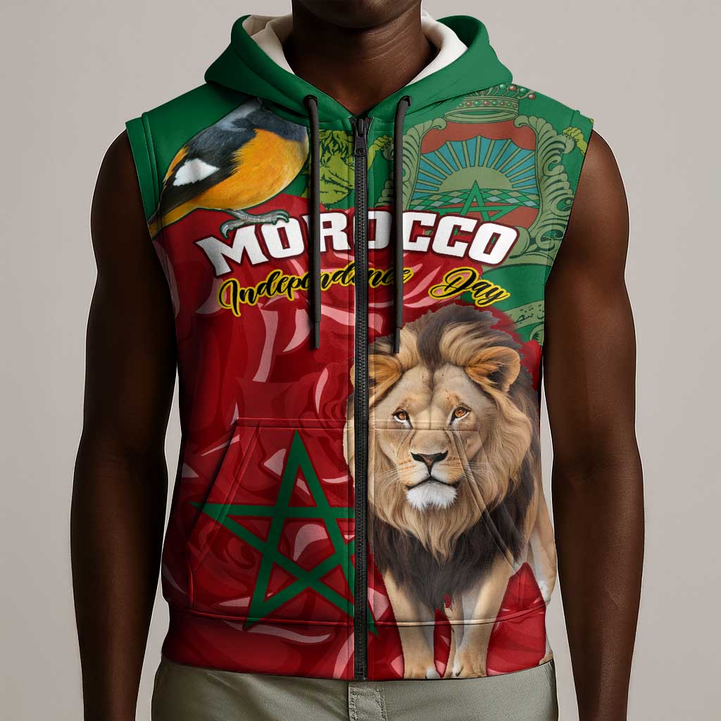 Morocco Independence Day Sleeveless Zip Hoodie with Barbary Lion and Moussier's Redstart - African Pride