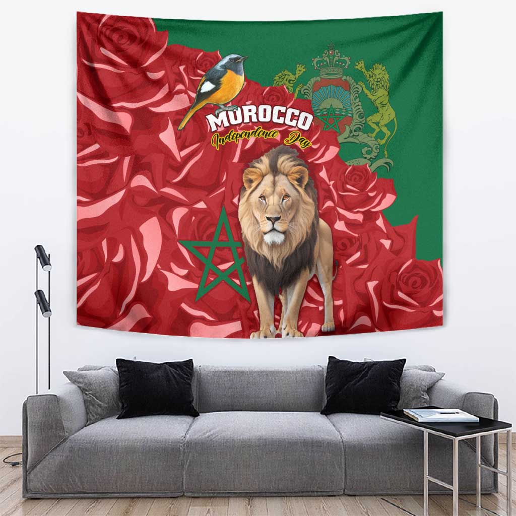 Morocco Independence Day Tapestry with Barbary Lion and Moussier's Redstart