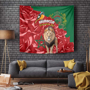 Morocco Independence Day Tapestry with Barbary Lion and Moussier's Redstart