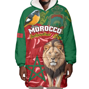 Morocco Independence Day Wearable Blanket Hoodie with Barbary Lion and Moussier's Redstart