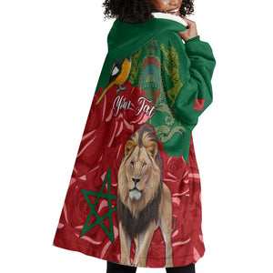 Morocco Independence Day Wearable Blanket Hoodie with Barbary Lion and Moussier's Redstart