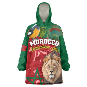 Morocco Independence Day Wearable Blanket Hoodie with Barbary Lion and Moussier's Redstart