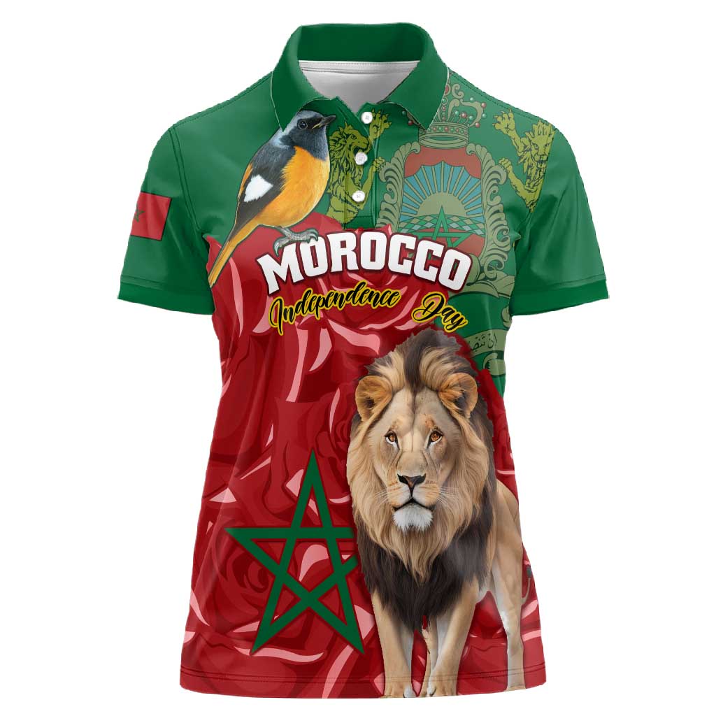 Morocco Independence Day Women Polo Shirt with Barbary Lion and Moussier's Redstart