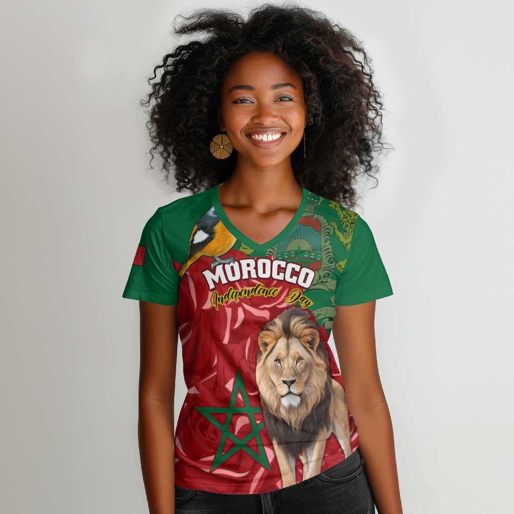 Morocco Independence Day Women V-Neck T-Shirt with Barbary Lion and Moussier's Redstart