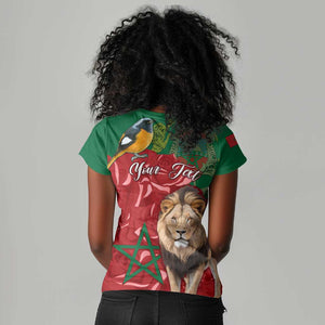 Morocco Independence Day Women V-Neck T-Shirt with Barbary Lion and Moussier's Redstart