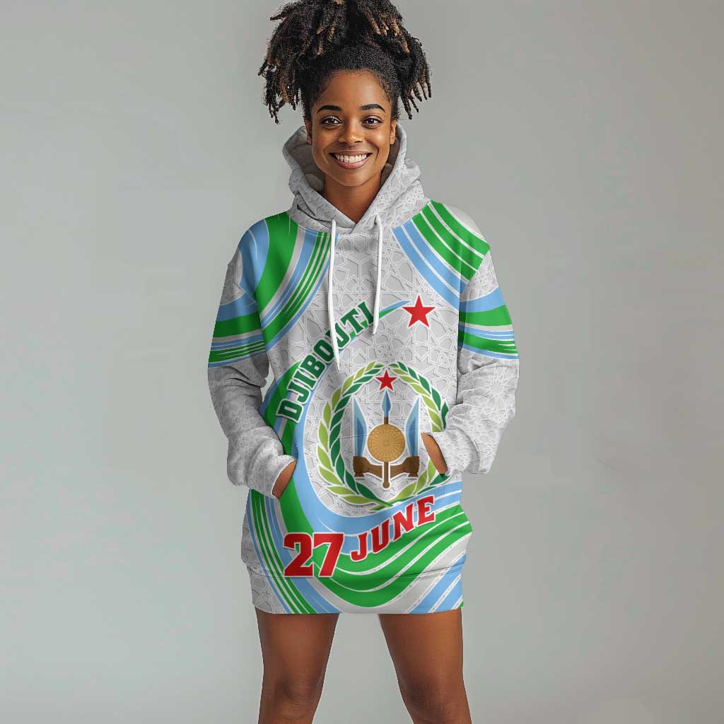 Custom Djibouti Independence Day Hoodie Dress - June 27, Jabuuti Emblem with Islamic Pattern