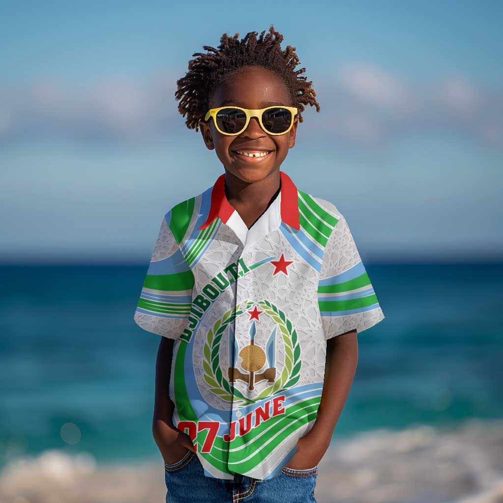 Custom Djibouti Independence Day Kid Hawaiian Shirt - June 27, Jabuuti Emblem with Islamic Pattern