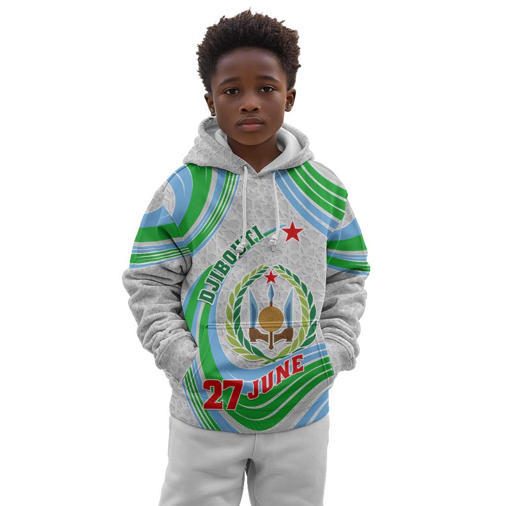 Custom Djibouti Independence Day Kid Hoodie - June 27, Jabuuti Emblem with Islamic Pattern