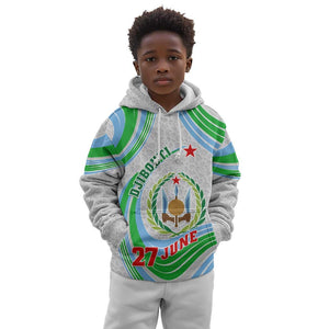 Custom Djibouti Independence Day Kid Hoodie - June 27, Jabuuti Emblem with Islamic Pattern