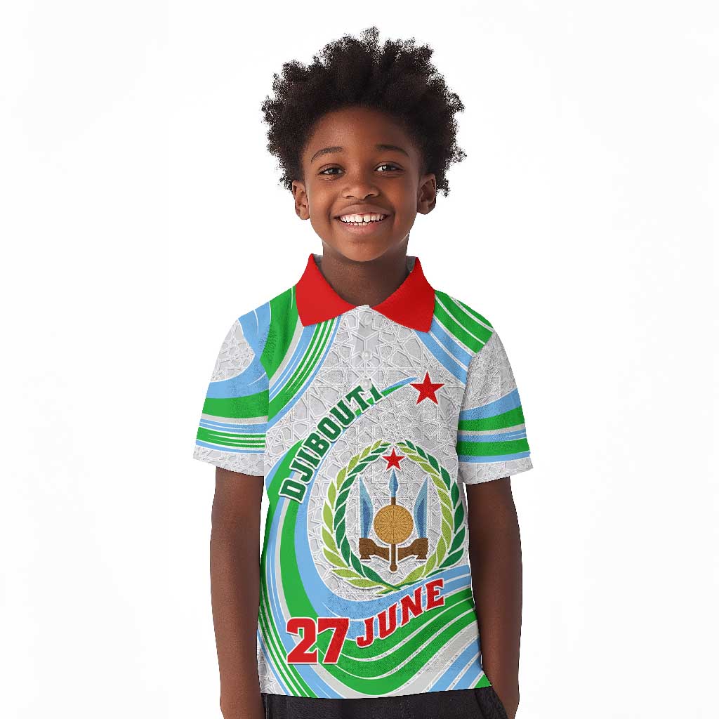 Custom Djibouti Independence Day Kid Polo Shirt - June 27, Jabuuti Emblem with Islamic Pattern