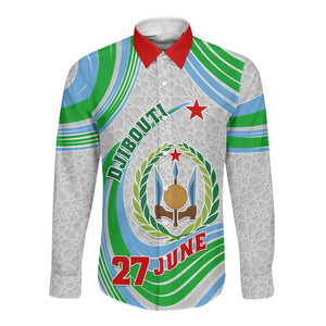 Custom Djibouti Independence Day Long Sleeve Button Shirt - June 27, Jabuuti Emblem with Islamic Pattern