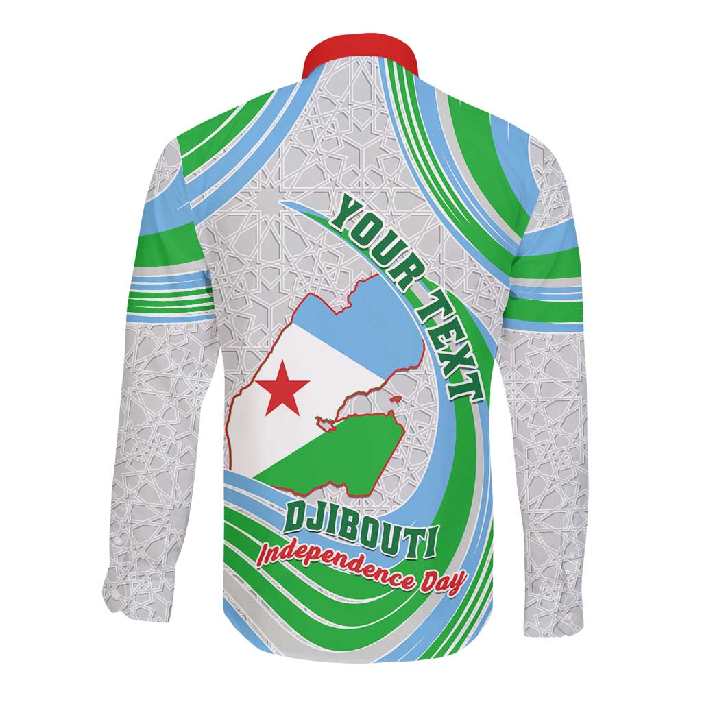 Custom Djibouti Independence Day Long Sleeve Button Shirt - June 27, Jabuuti Emblem with Islamic Pattern