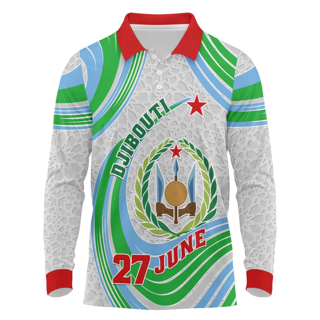 Custom Djibouti Independence Day Long Sleeve Polo Shirt - June 27, Jabuuti Emblem with Islamic Pattern