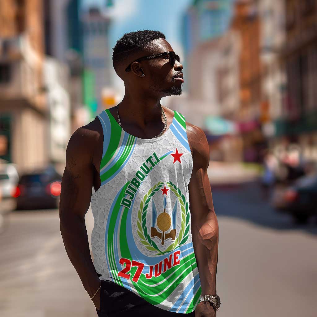 Custom Djibouti Independence Day Men Tank Top - June 27, Jabuuti Emblem with Islamic Pattern