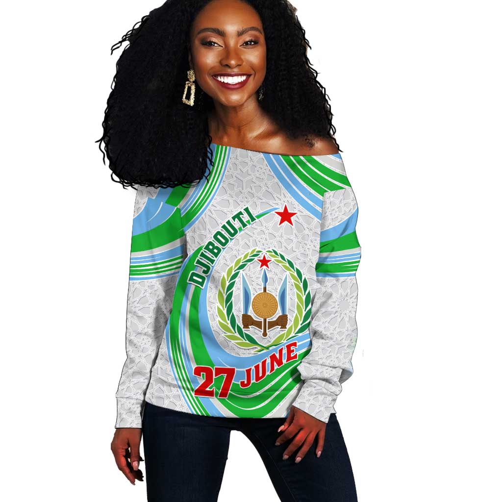 Custom Djibouti Independence Day Off Shoulder Sweater - June 27, Jabuuti Emblem with Islamic Pattern