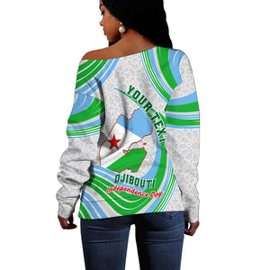 Custom Djibouti Independence Day Off Shoulder Sweater - June 27, Jabuuti Emblem with Islamic Pattern