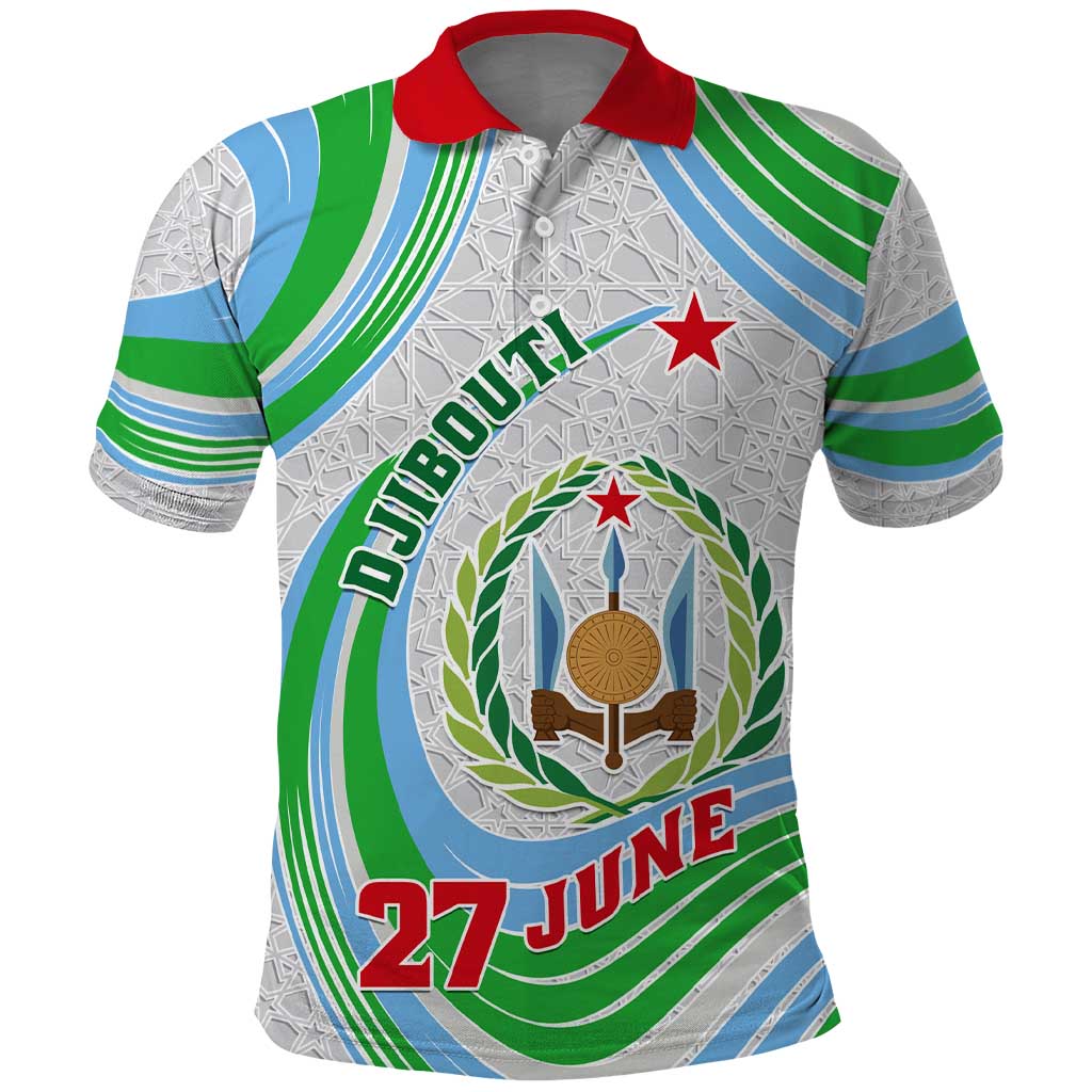 Custom Djibouti Independence Day Polo Shirt - June 27, Jabuuti Emblem with Islamic Pattern