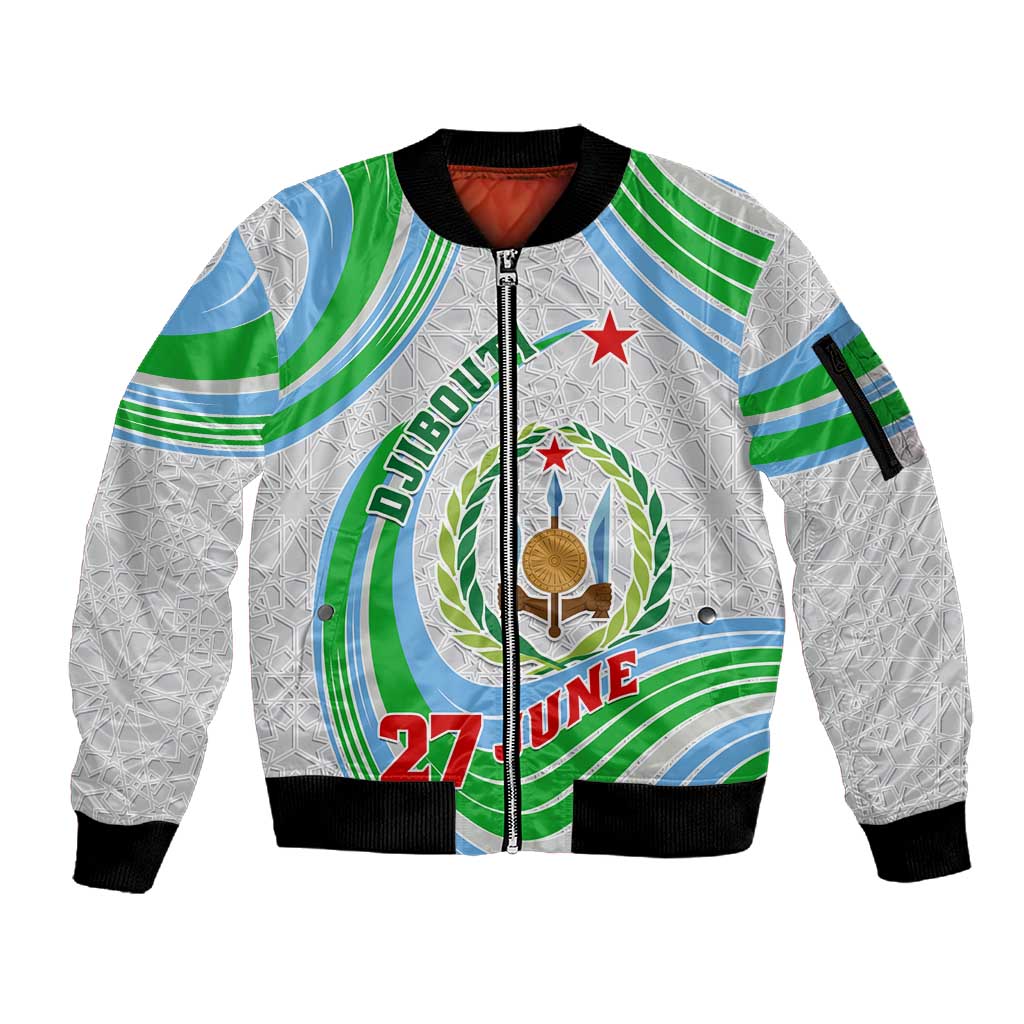 Custom Djibouti Independence Day Sleeve Zip Bomber Jacket - June 27, Jabuuti Emblem with Islamic Pattern