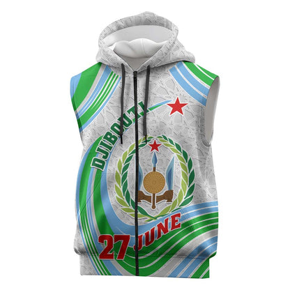 Custom Djibouti Independence Day Sleeveless Zip Hoodie - June 27, Jabuuti Emblem with Islamic Pattern - African Pride