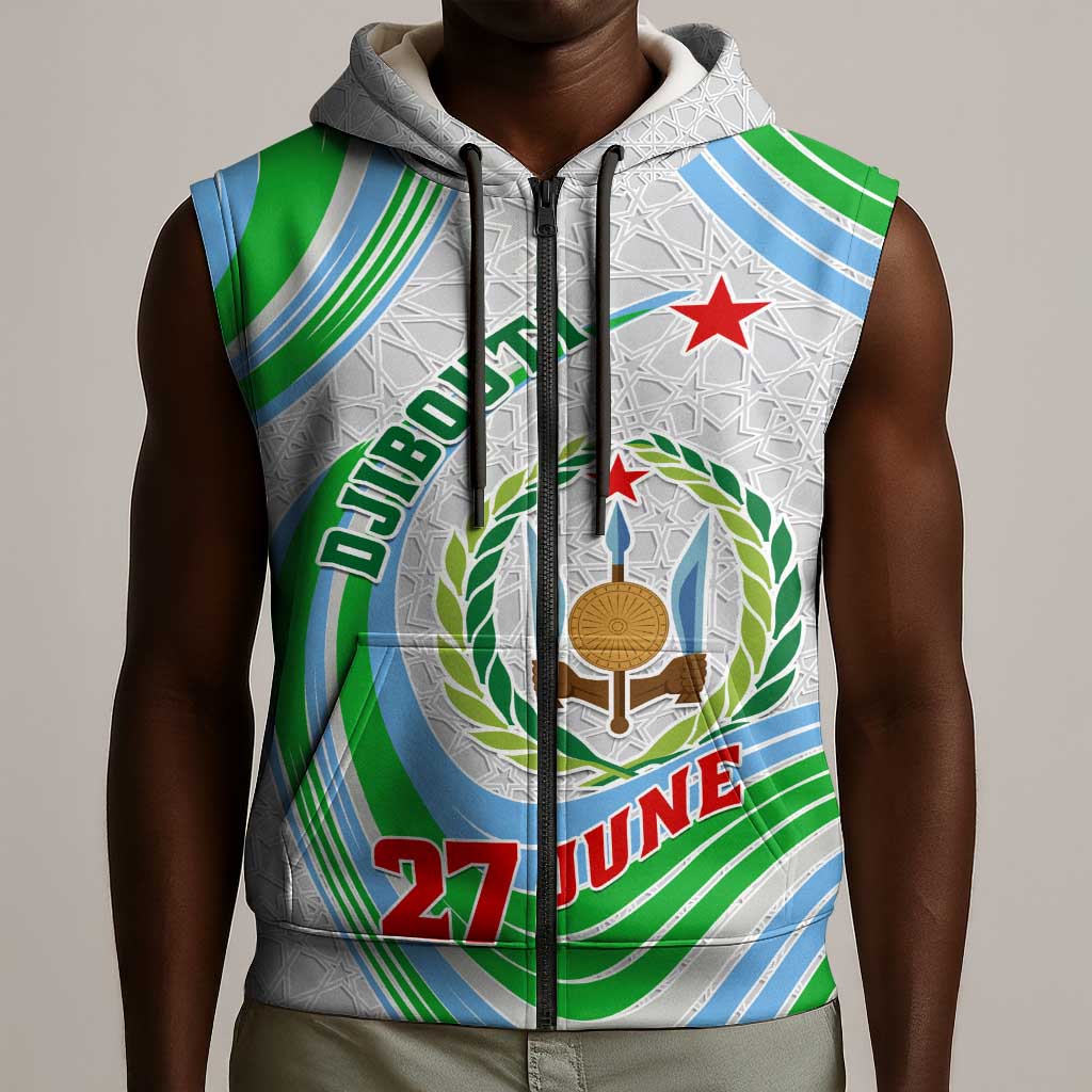 Custom Djibouti Independence Day Sleeveless Zip Hoodie - June 27, Jabuuti Emblem with Islamic Pattern - African Pride