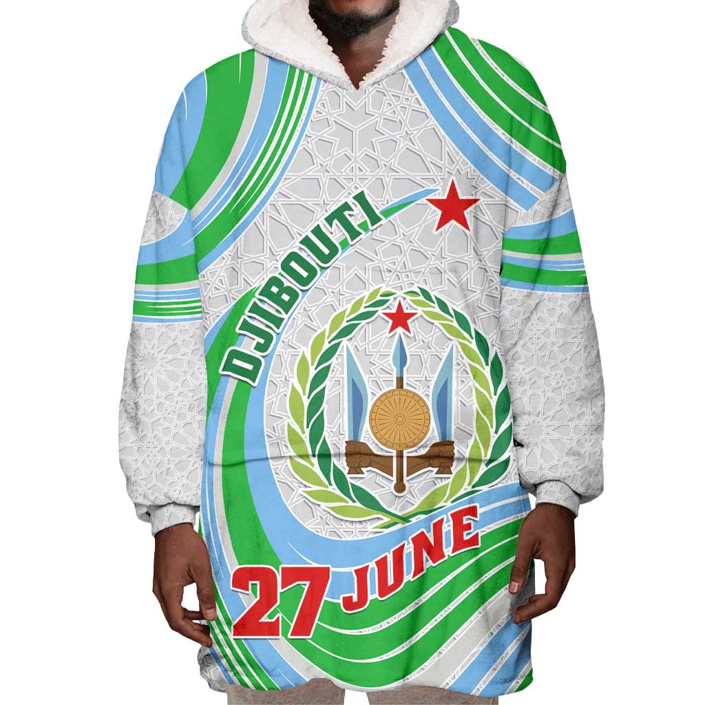 Custom Djibouti Independence Day Wearable Blanket Hoodie - June 27, Jabuuti Emblem with Islamic Pattern