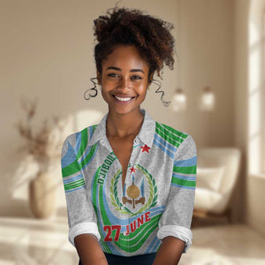 Custom Djibouti Independence Day Women Casual Shirt - June 27, Jabuuti Emblem with Islamic Pattern