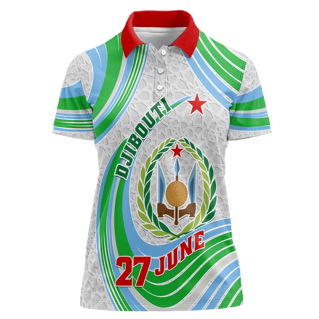 Custom Djibouti Independence Day Women Polo Shirt - June 27, Jabuuti Emblem with Islamic Pattern