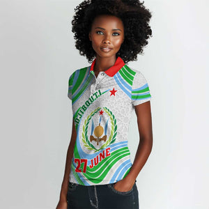 Custom Djibouti Independence Day Women Polo Shirt - June 27, Jabuuti Emblem with Islamic Pattern