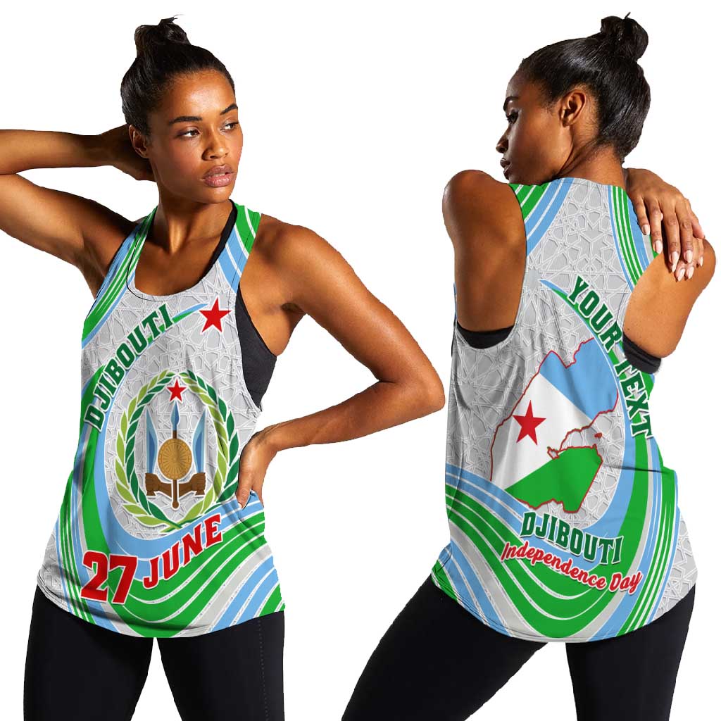 Custom Djibouti Independence Day Women Racerback Tank - June 27, Jabuuti Emblem with Islamic Pattern