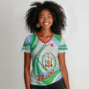 Custom Djibouti Independence Day Women V-Neck T-Shirt - June 27, Jabuuti Emblem with Islamic Pattern