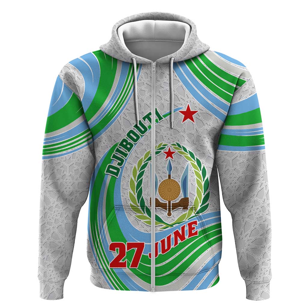 Custom Djibouti Independence Day Zip Hoodie - June 27, Jabuuti Emblem with Islamic Pattern