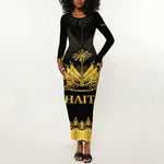 Haiti Neg Marron Long Sleeve Bodycon Dress Lespwa pa anyen san aksyon - Gold LT01