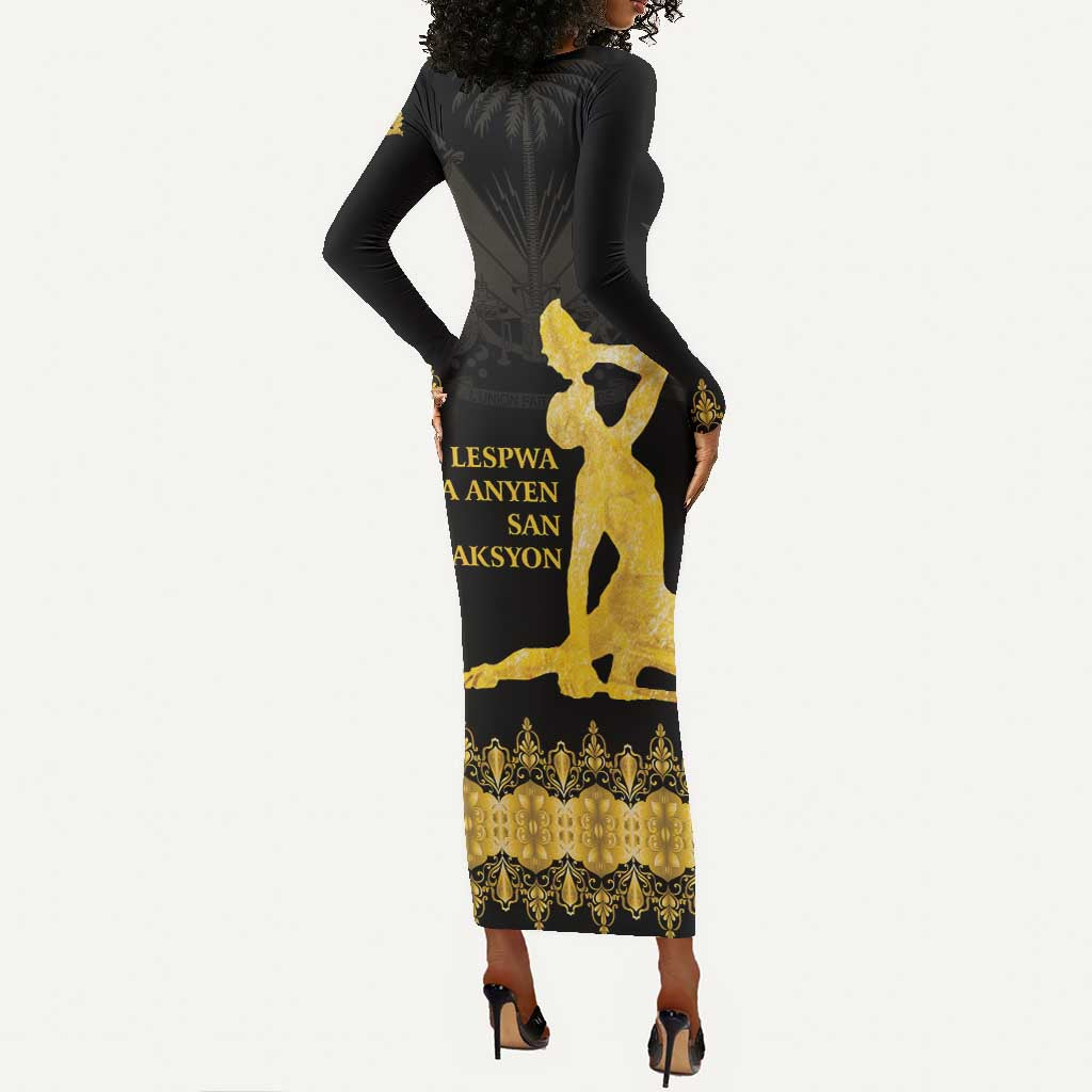 Haiti Neg Marron Long Sleeve Bodycon Dress Lespwa pa anyen san aksyon - Gold LT01