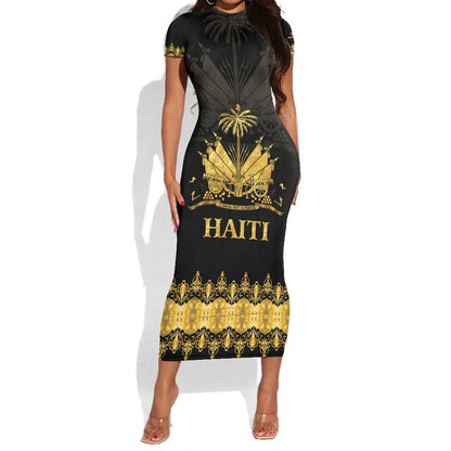 Haiti Neg Marron Short Sleeve Bodycon Dress Lespwa pa anyen san aksyon - Gold LT01