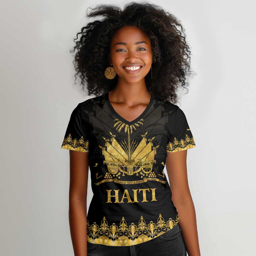 Haiti Neg Marron Women V-Neck T-Shirt Lespwa pa anyen san aksyon - Gold