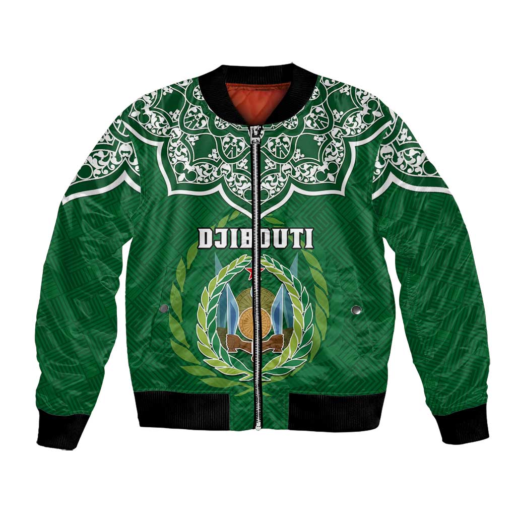 Custom Djibouti Bomber Jacket with Jabuuti Emblem and Islamic Floral Circle