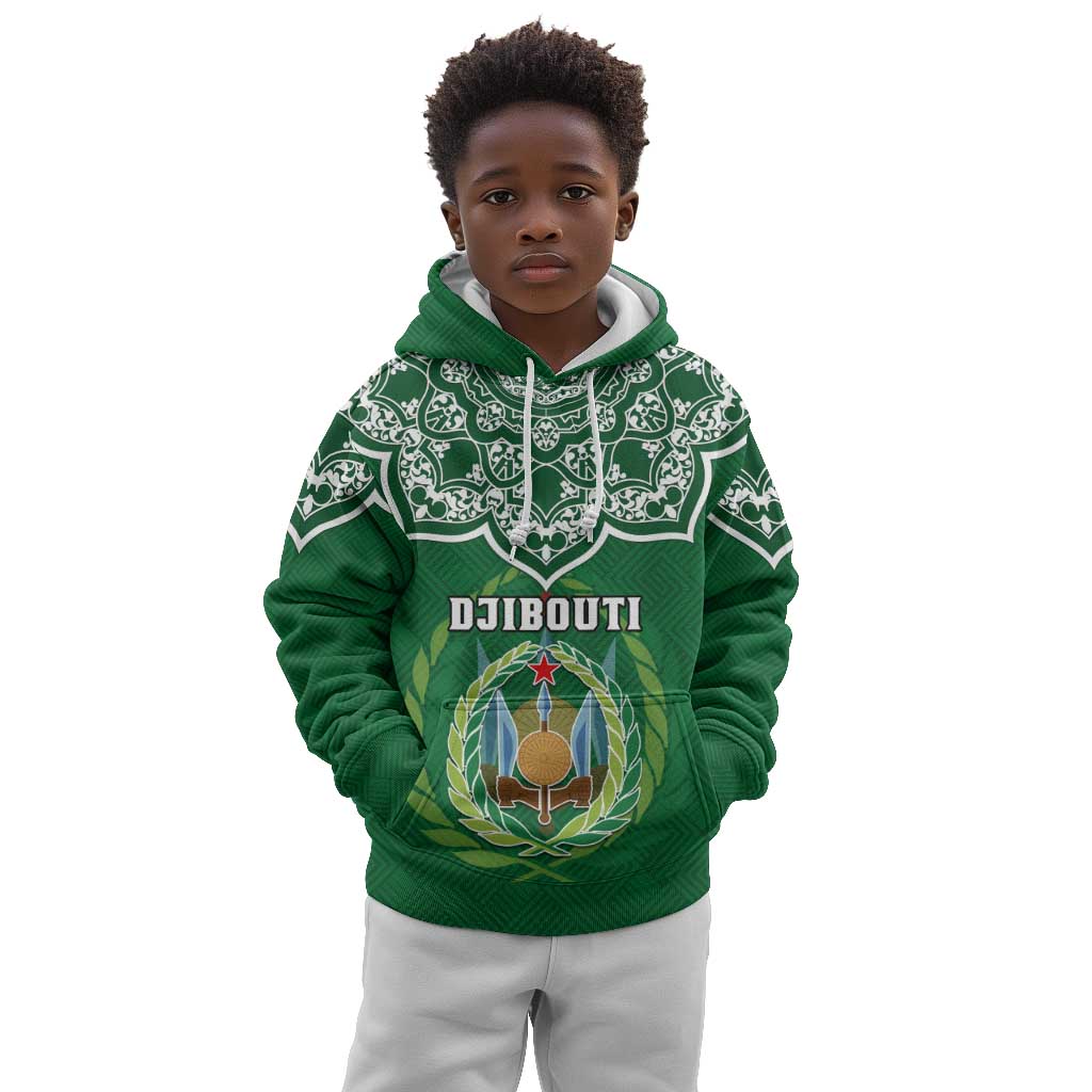 Custom Djibouti Kid Hoodie with Jabuuti Emblem and Islamic Floral Circle