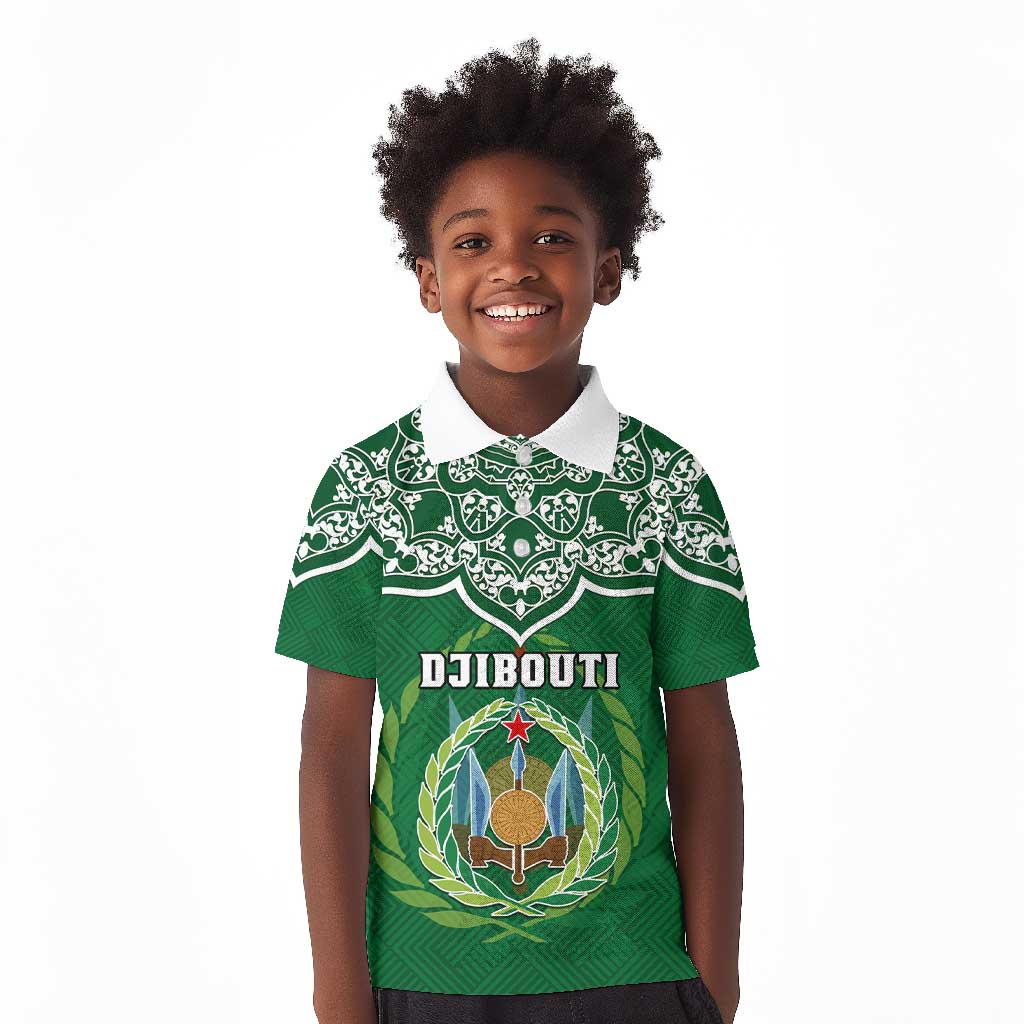 Custom Djibouti Kid Polo Shirt with Jabuuti Emblem and Islamic Floral Circle