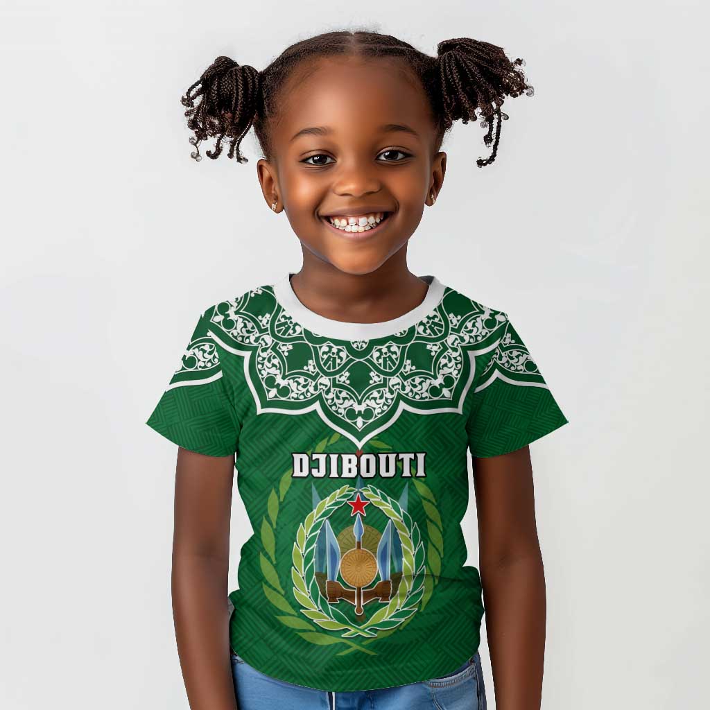 Custom Djibouti Kid T shirt with Jabuuti Emblem and Islamic Floral Circle