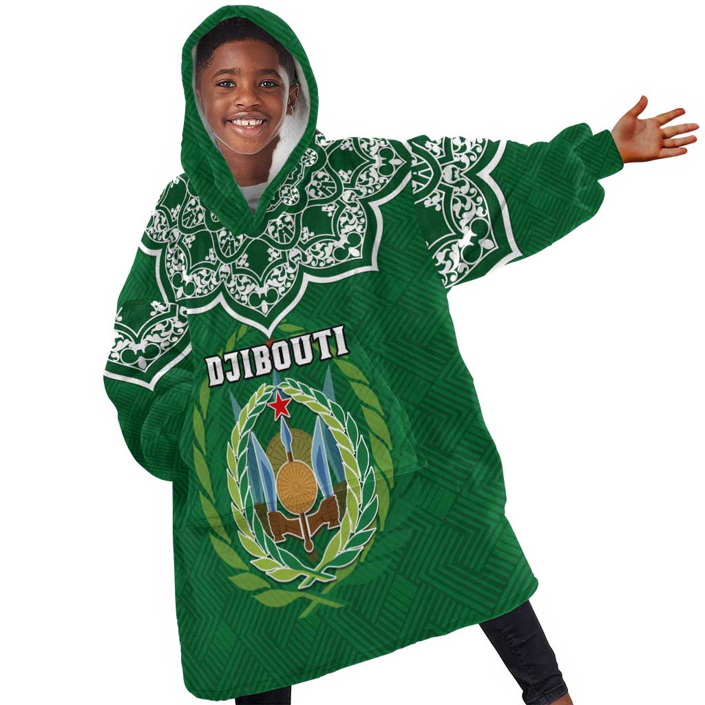 Custom Djibouti KId Wearable Blanket Hoodie with Jabuuti Emblem and Islamic Floral Circle