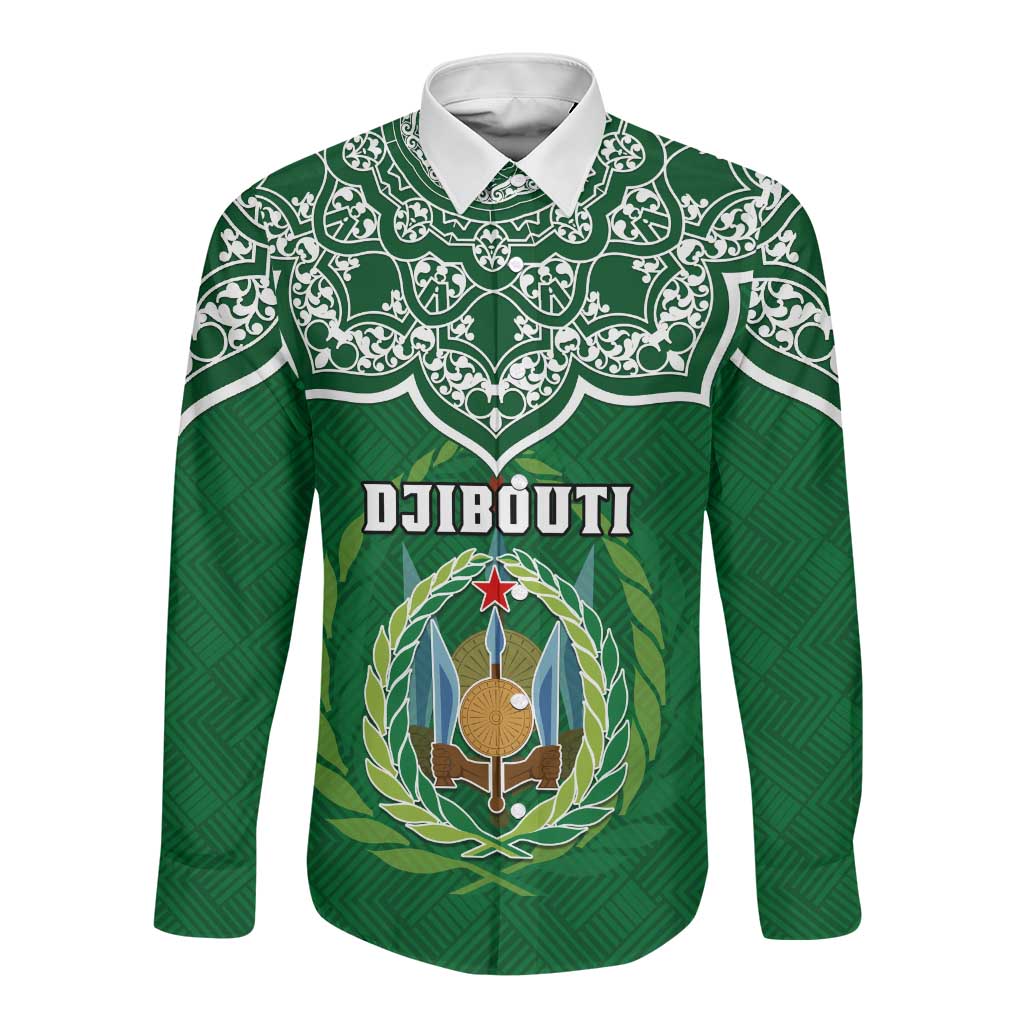 Custom Djibouti Long Sleeve Button Shirt with Jabuuti Emblem and Islamic Floral Circle