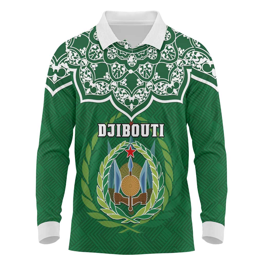 Custom Djibouti Long Sleeve Polo Shirt with Jabuuti Emblem and Islamic Floral Circle