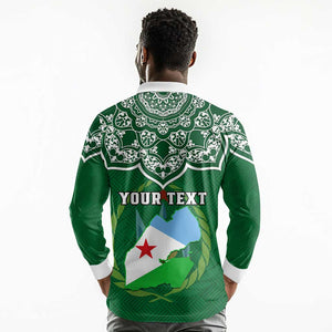 Custom Djibouti Long Sleeve Polo Shirt with Jabuuti Emblem and Islamic Floral Circle