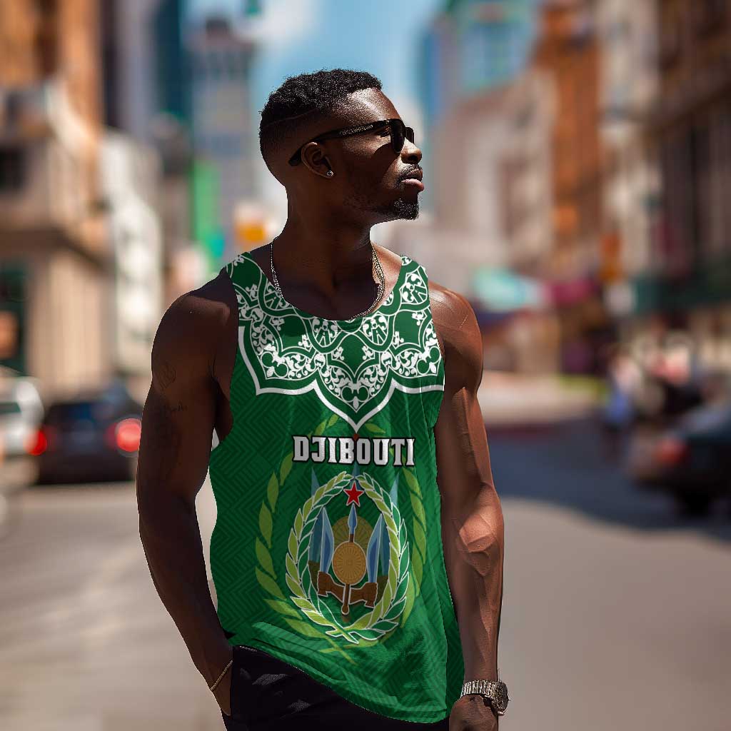 Custom Djibouti Men Tank Top with Jabuuti Emblem and Islamic Floral Circle