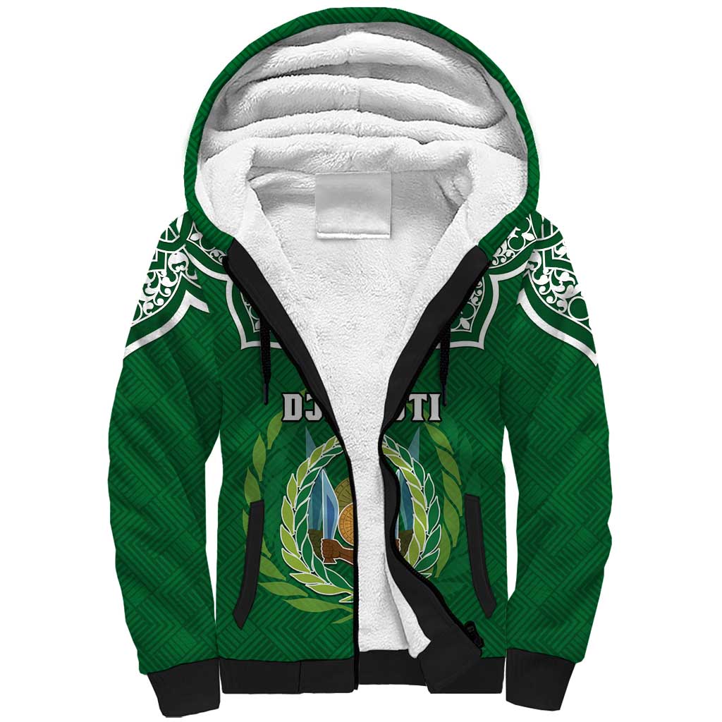 Custom Djibouti Sherpa Hoodie with Jabuuti Emblem and Islamic Floral Circle