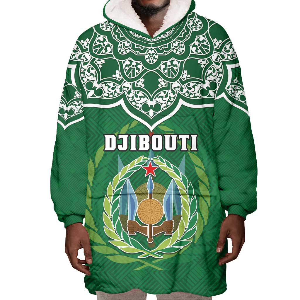 Custom Djibouti Wearable Blanket Hoodie with Jabuuti Emblem and Islamic Floral Circle